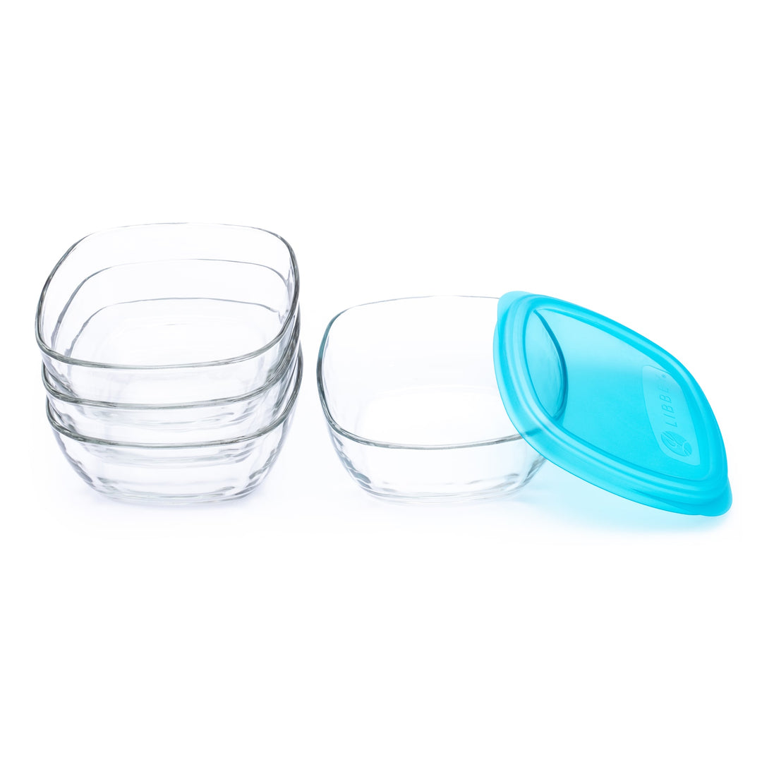 Libbey Serve It 8 Piece Glass Storage Bowl Set with 6 Cup Containers and Blue Plastic Lids
