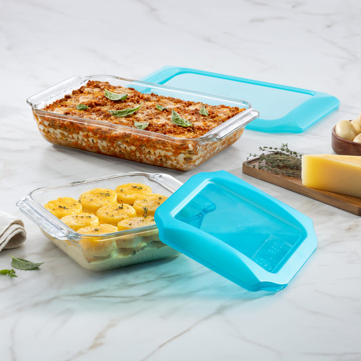 Trademarked GreatGrip™ handles provide a secure and comfortable hold when transferring from oven to table.
