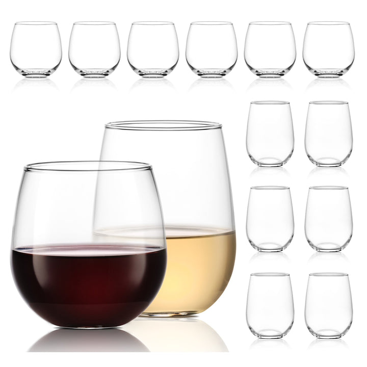 Easy-to-hold and swirl combination set of stemless wine glasses — six 16.75-ounce red wine glasses and six 17-ounce white wine glasses
