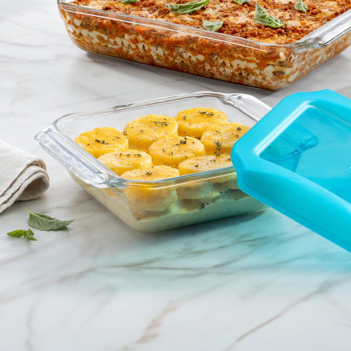 Patented stackable design allows the dishes to nest together, saving space in cabinets, fridges, or freezers.
