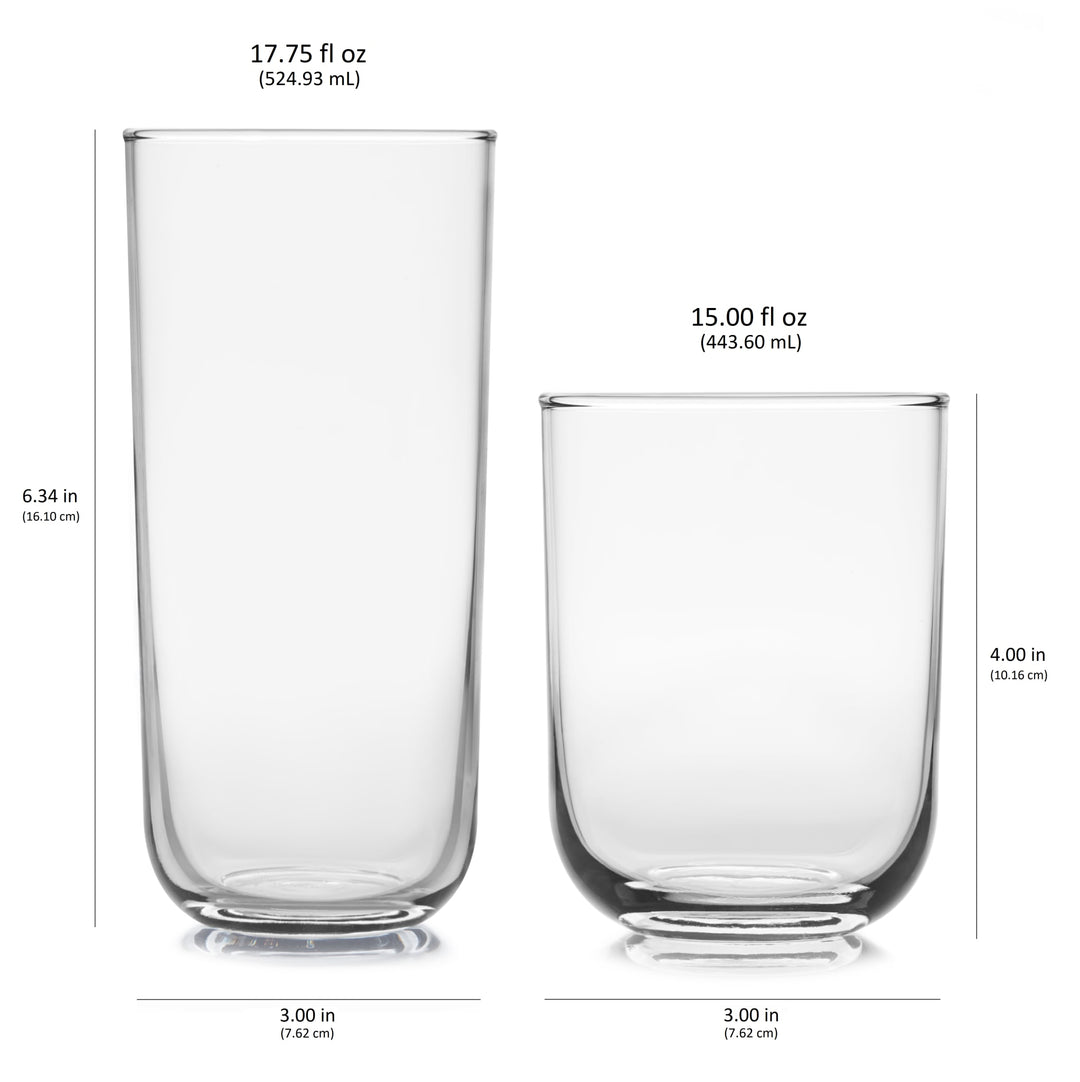 Polished multi-purpose glasses ideal for serving gin and tonics and old fashioned cocktails includes eight 17.75-ounce drinking glasses and eight 15-ounce rocks glasses