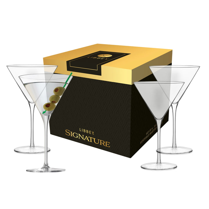 Classic V-shaped martini bowl showcases Martinis, Cosmopolitans, Manhattans, and creative cocktails.