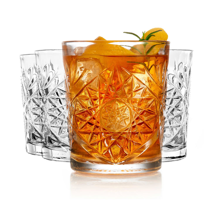 Serve cocktails, spirits and non-alcoholic mixed drinks in this double old-fashioned glass featuring classic hob and star design