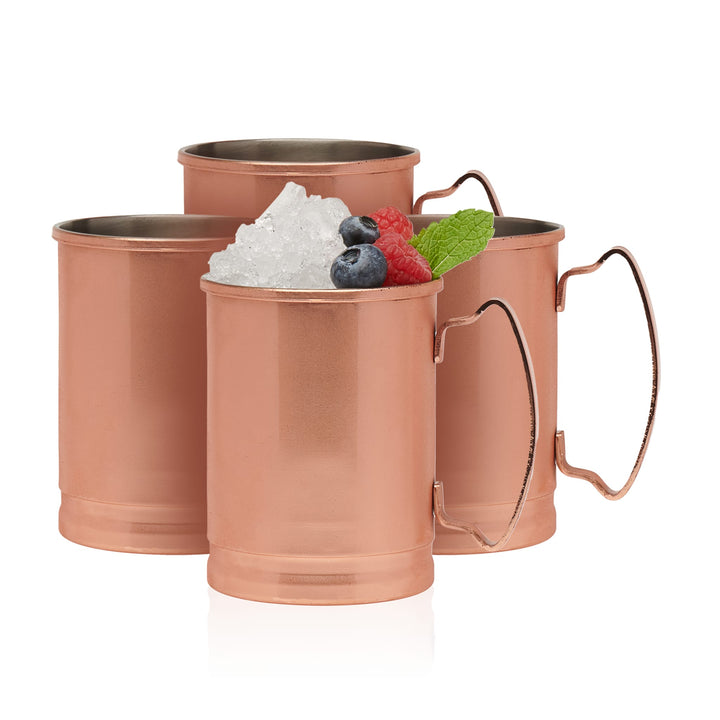 Copper mugs feature a nonreactive stainless-steel lining for safety and durability