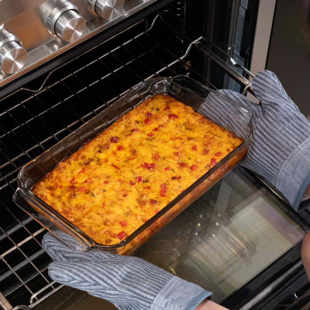 Durable glass dishes are oven, microwave, freezer, and dishwasher safe for versatile baking and cooking.