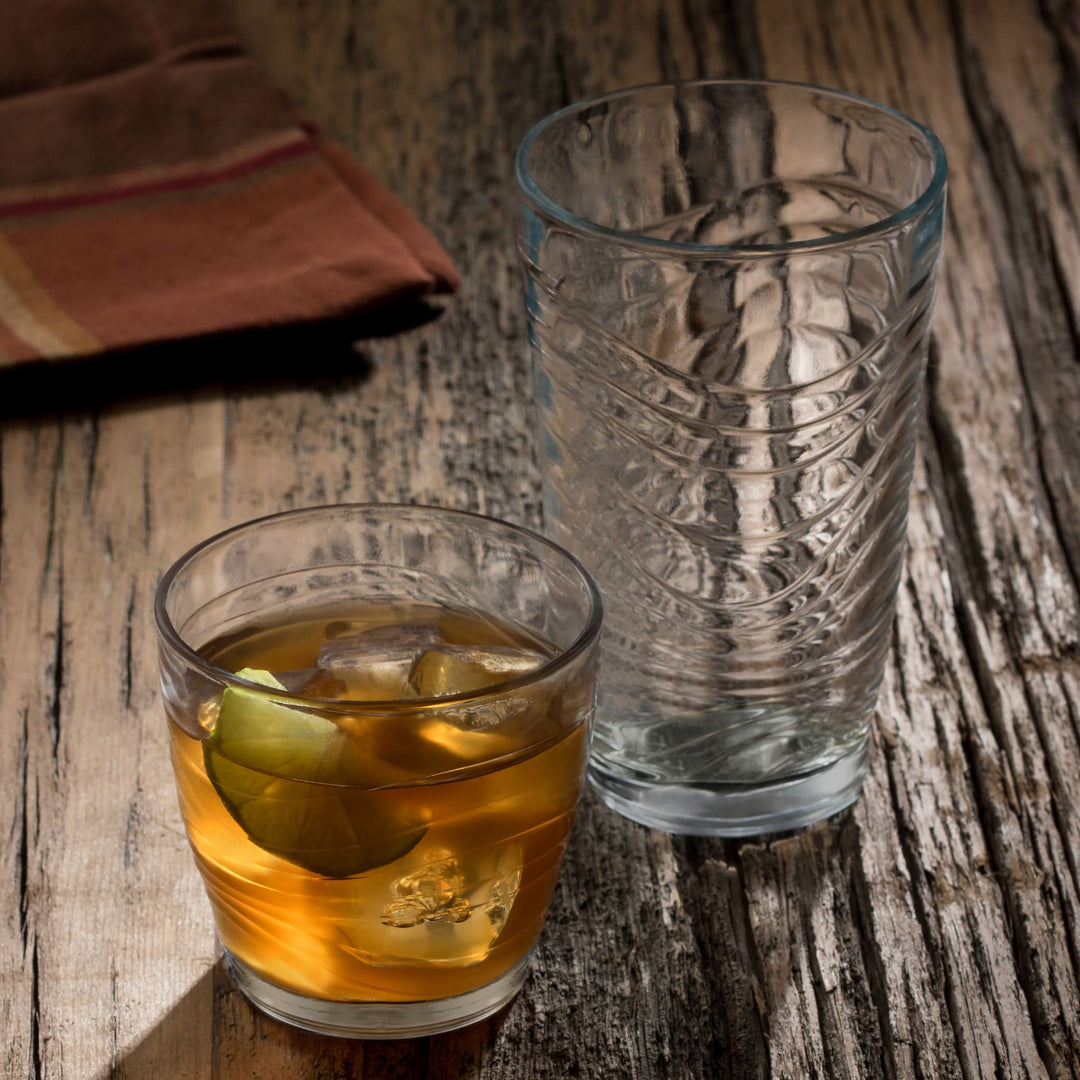 Includes 8, 18.1-ounce cooler glasses (3.5-inch max diameter by 5.7-inch height) and 8, 11.5-ounce rocks glasses (3.6-inch max diameter by 3.4-inch height)