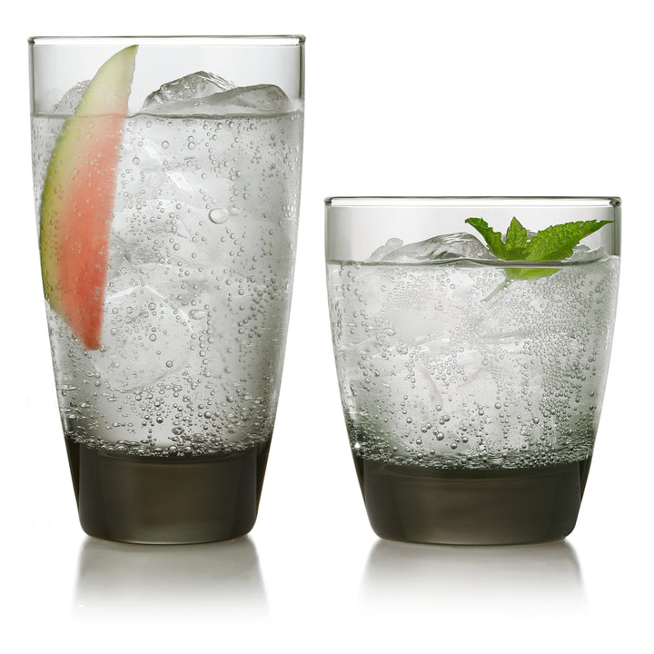 Versatile 16-piece smoke-hued drinkware set that&