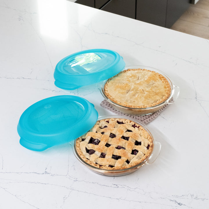 Patented stackable design lets dishes nest together, saving space in cabinets, refrigerators, or freezers.