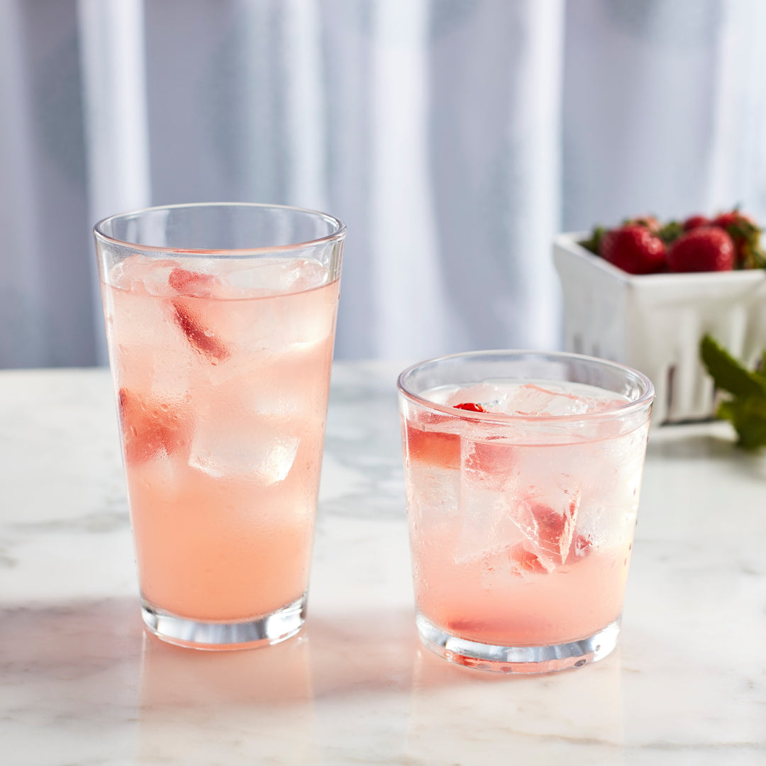 Includes 8, 16-ounce cooler glasses and 8, 13-ounce rocks glasses