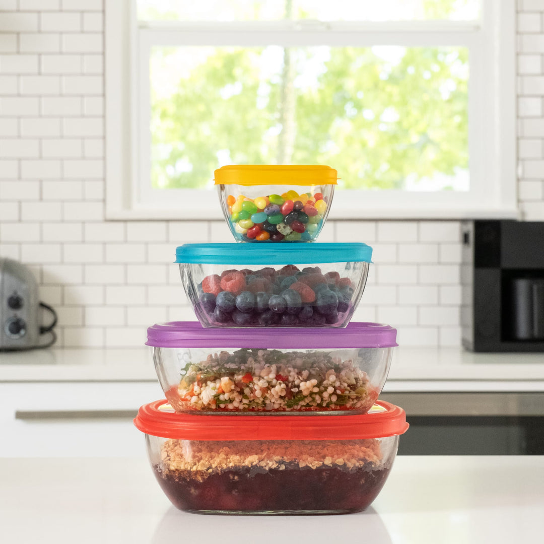 Clear glass containers are safe for the microwave, oven, freezer, and dishwasher.