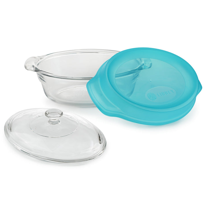 Libbey Baker’s Premium 2 Quart Oval Glass Casserole Dish with Glass Lid and Plastic Storage Lid, Stackable Bakeware with GreatGrip Handles