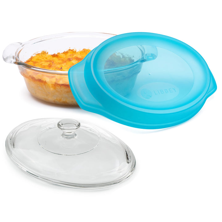 Includes one 2-quart oval clear glass casserole dish with a fitted glass lid for baking and a plastic lid for storage.