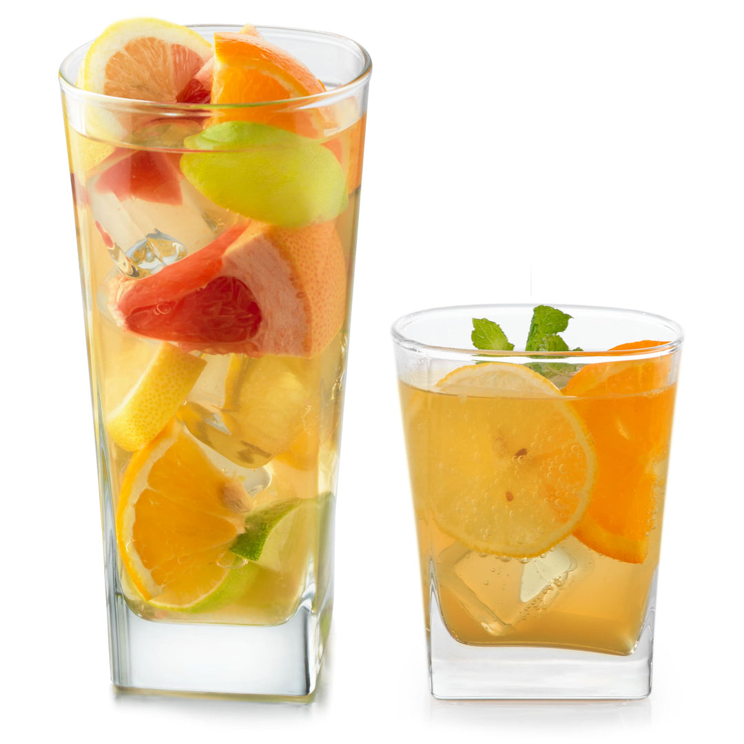 Complete Set: Includes 8 tall 14.4-ounce tumblers and 8 12-ounce double old fashioned rocks glasses for versatile use.