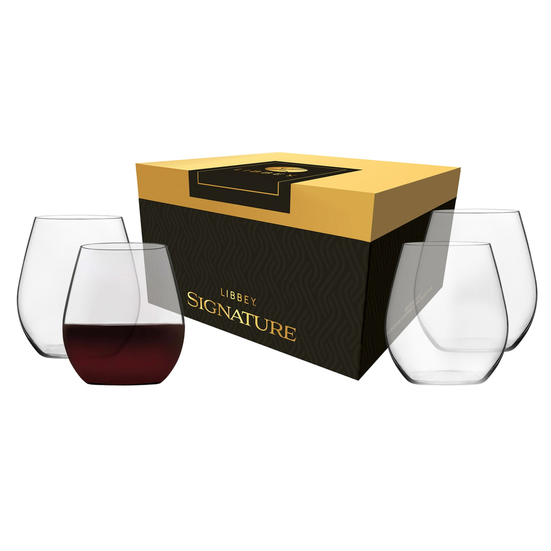 Modern round stemless design offers a comfortable hold and a stable base to help prevent spills.