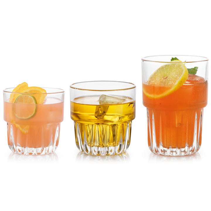 Mixed Set for Everyday Use: Includes four 9-ounce small rocks glasses, four 12-ounce large rocks glasses, and four 14-ounce tall juice glasses for versatile drinking options.