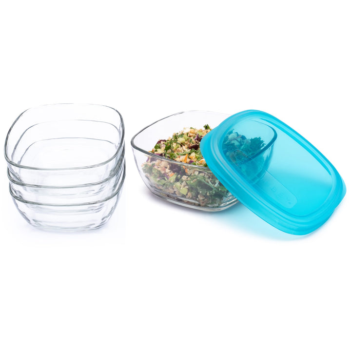 Includes four 6-cup clear glass bowls with four blue plastic lids.